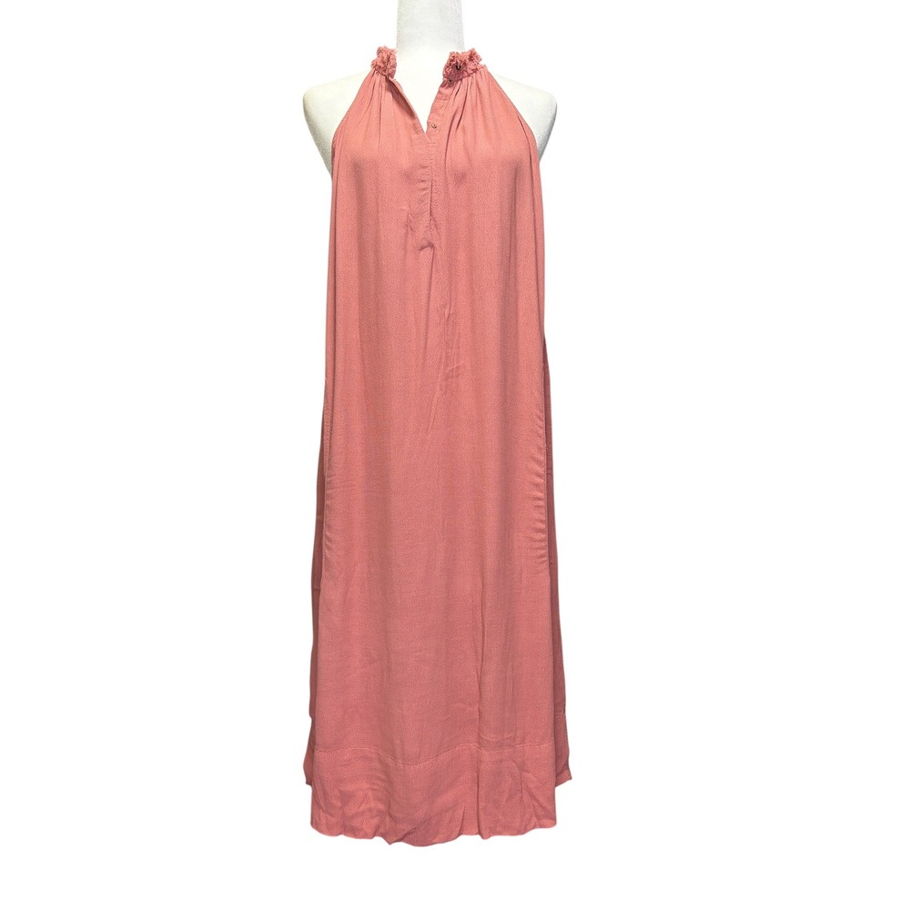 Raquel Allegra Boho Frayed Halter Dress Dusty Rose Pink Textured Sleeveless S